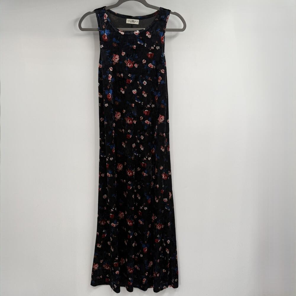 Natural Life Maxi Dress Womens S Black Floral Velvet Sleeveless Stretch Velour